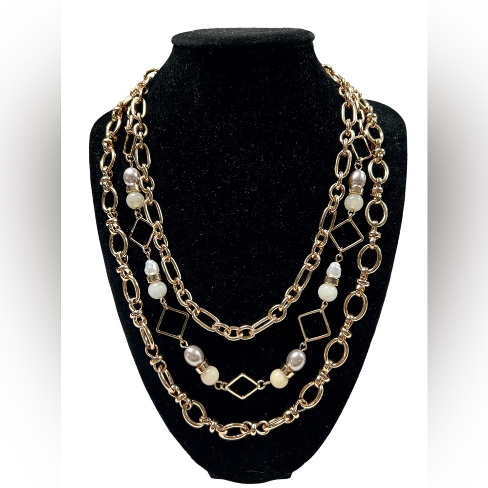 Susan Graver Multi-Strand Chain & Stone Necklace Champagne Gold